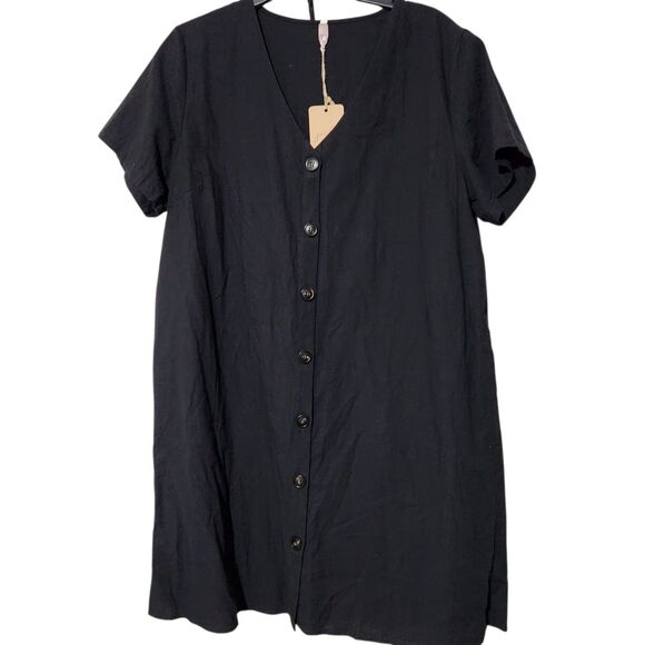 Jardin By Macris Linen Blend Dress Size XL Black Short Sleeve Front Buttons - Picture 1 of 11